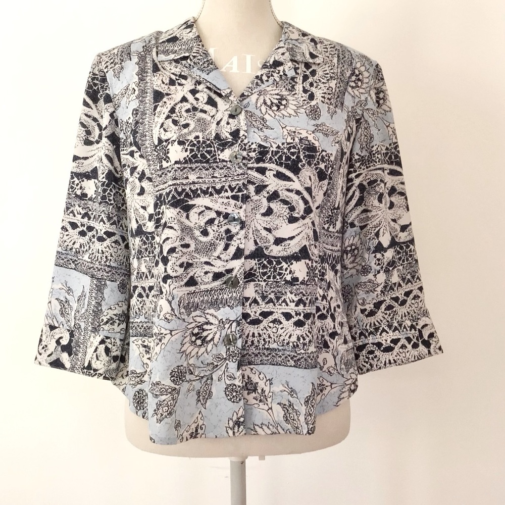 Vintage 80s 90s Kathy Che floral graphic 3/4 sleeve boxy blouse size 10